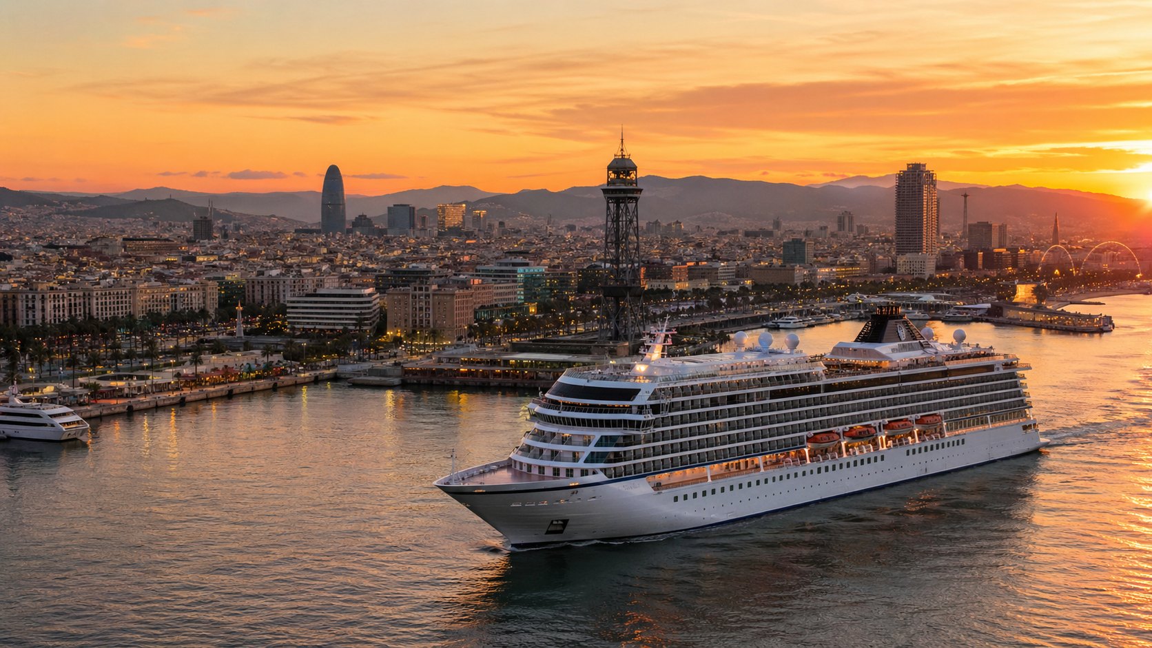Cruise ship departing Barcelona harbor at sunset with Mediterranean coastline and city skyline fading into warm golden light, embarkation travel photography