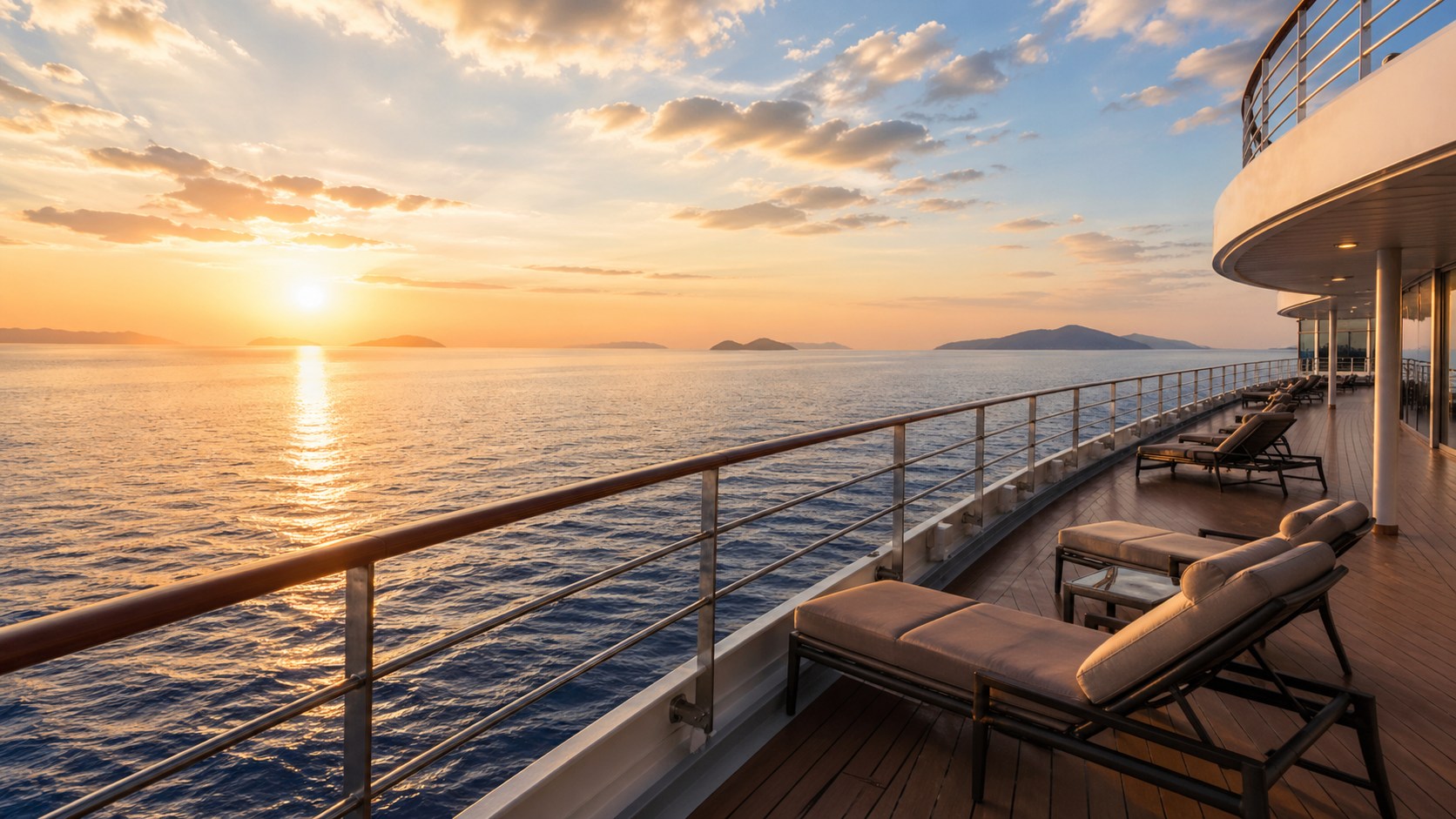 Open Atlantic Ocean at dawn seen from luxury cruise ship deck with soft orange horizon light and deep blue water stretching to distant islands, serene voyage photography