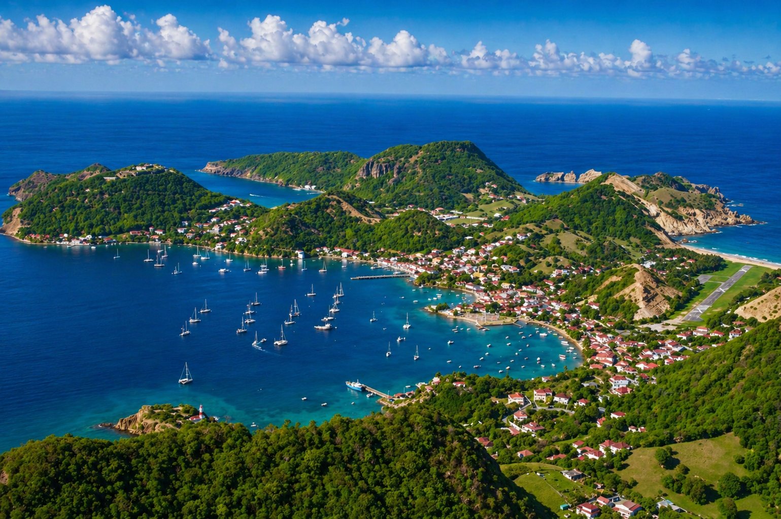 Aerial view of Guadeloupe twin islands with lush green volcanic terrain of Basse-Terre and flat coral coast of Grande-Terre separated by turquoise channel, Caribbean island photography