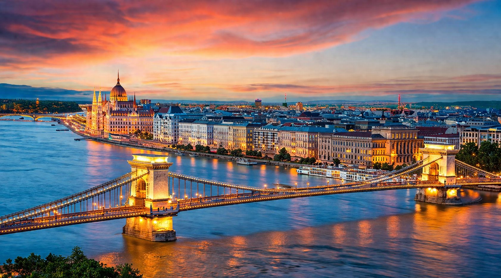 Hungarian Parliament Building illuminated at twilight seen from the Danube river with Chain Bridge in foreground and warm reflections on water, Budapest photography