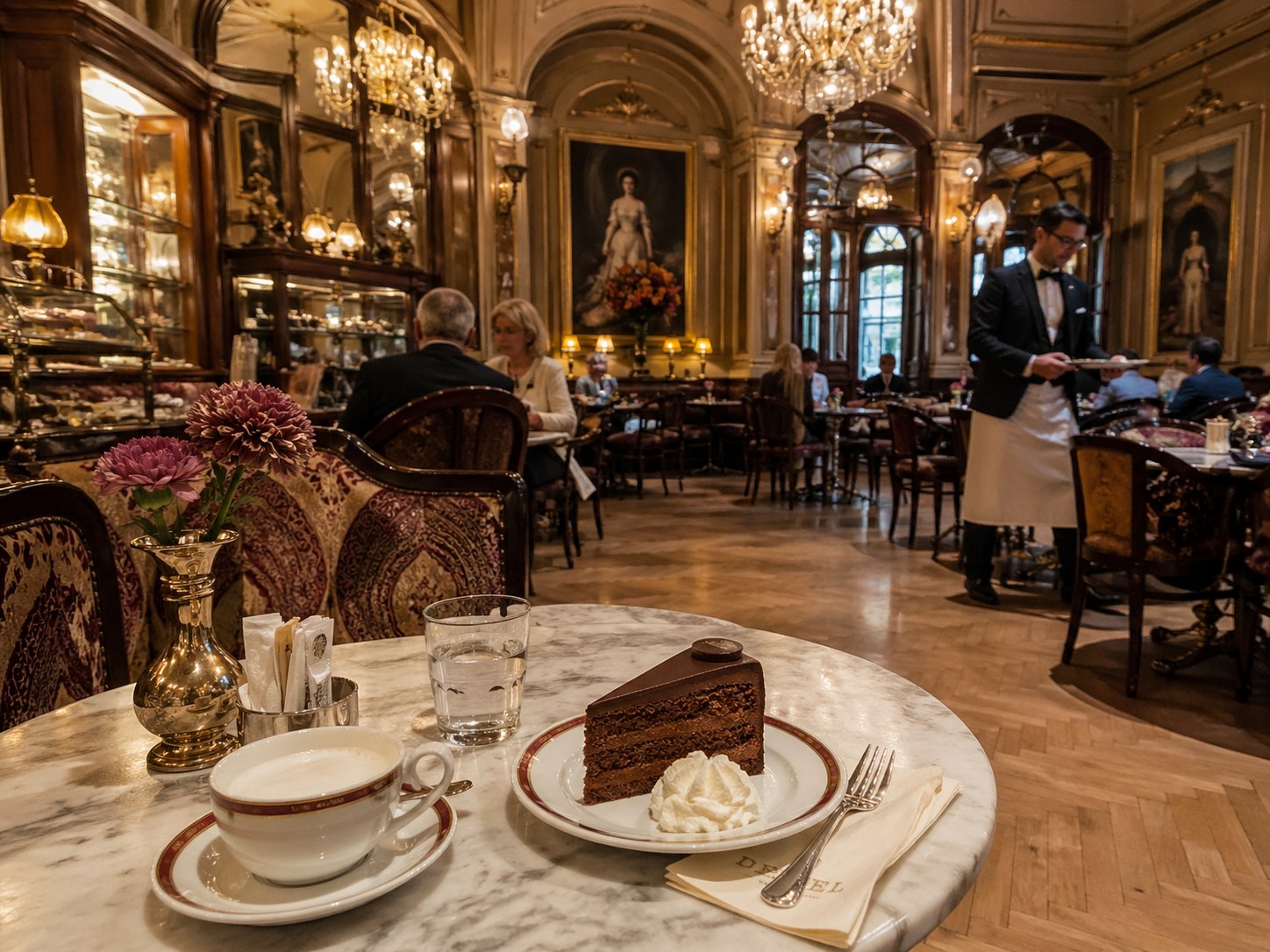 Vienna coffee house interior with marble tables and ornate chandeliers, waiter serving traditional Sachertorte and Melange coffee, Austrian cultural photography