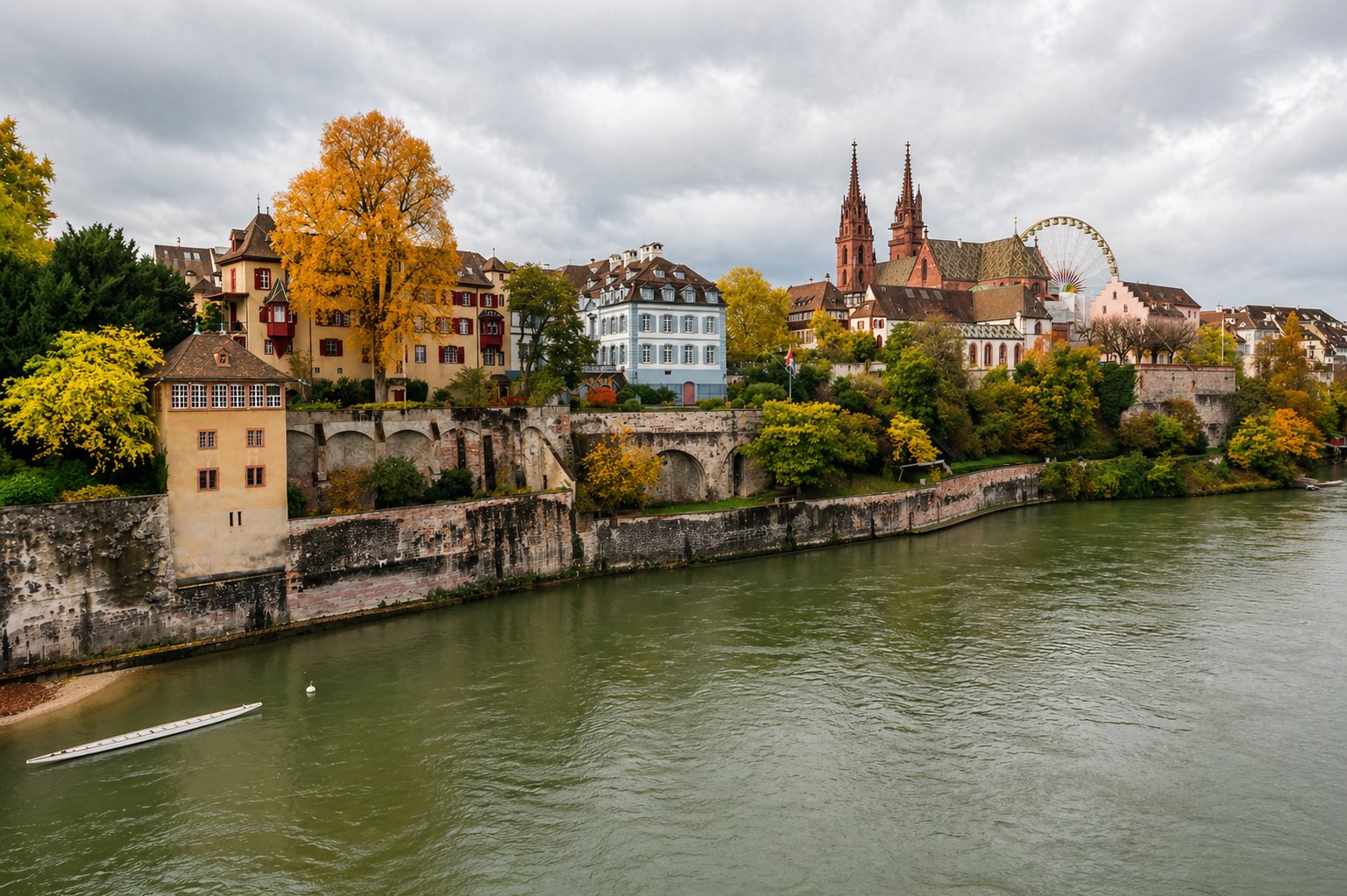 Basel old town with red sandstone Münster cathedral on Rhine riverbank and distant Swiss Alps in clear morning light, European river embarkation photography