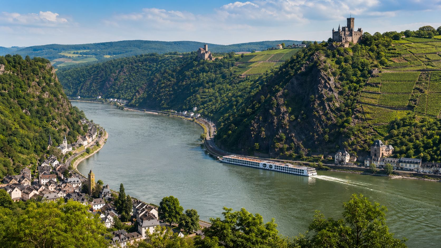 Medieval Rhine castles perched on steep vineyard hillsides above the river gorge with Lorelei Rock visible in background and river cruise ship passing below, UNESCO heritage photography