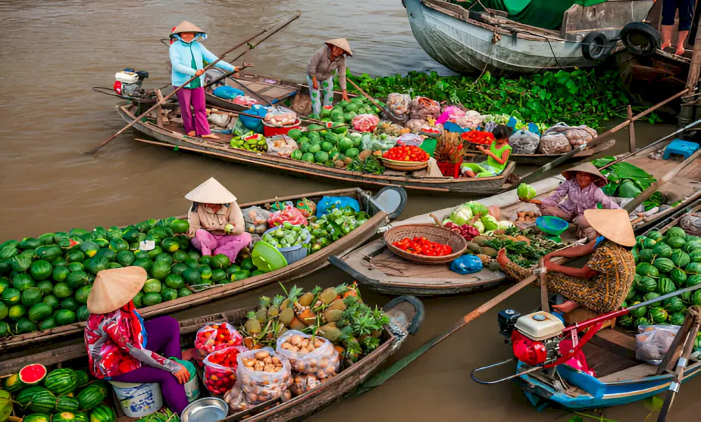 Colorful floating market on Mekong Delta with wooden boats loaded with tropical fruits and vegetables in early morning mist and golden light, Vietnamese river life photography