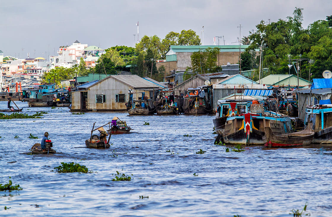 Traditional stilt houses along the Mekong riverbank with palm trees and rice paddies stretching to horizon in warm afternoon light, Southeast Asian rural photography