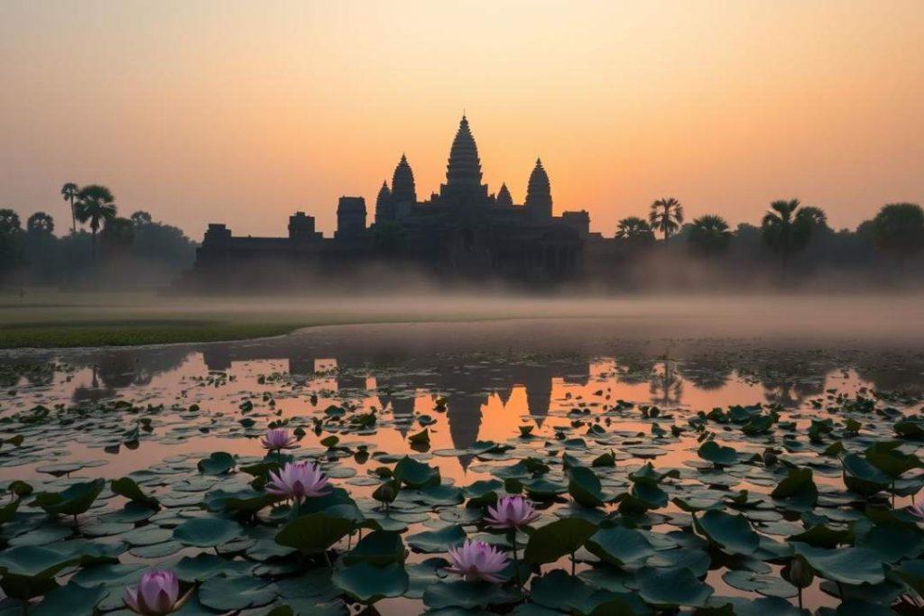 Angkor Wat temple silhouette reflected in lotus pond at sunrise with orange sky and misty jungle canopy surrounding the ancient Khmer monument, Cambodian archaeological photography