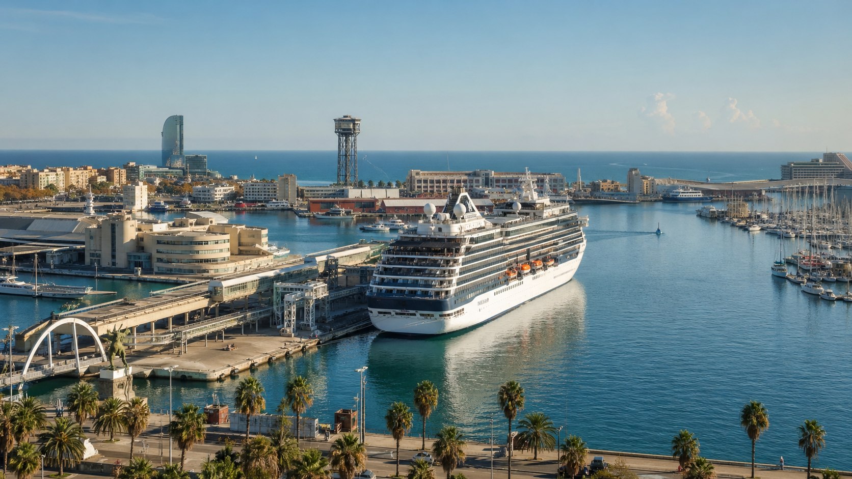 Barcelona waterfront at Port Vell with luxury cruise terminal and Montjuic hill in soft morning light, Mediterranean embarkation photography
