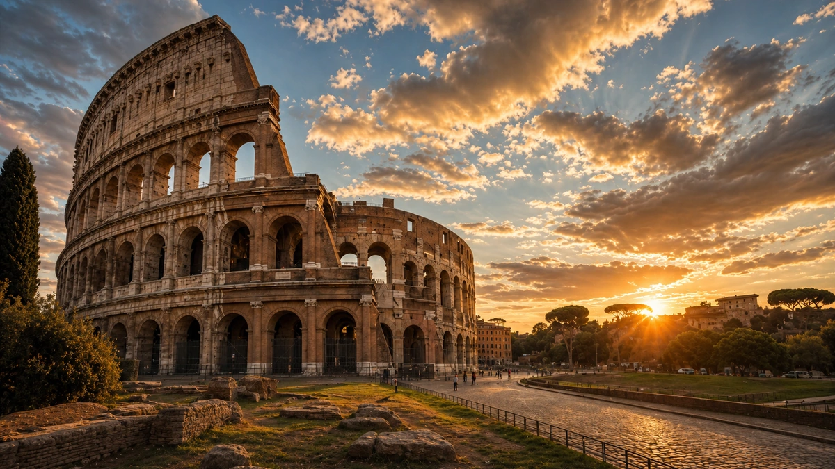 Roman Forum ruins with Colosseum visible in background under clear blue sky in golden morning light, ancient heritage travel photography
