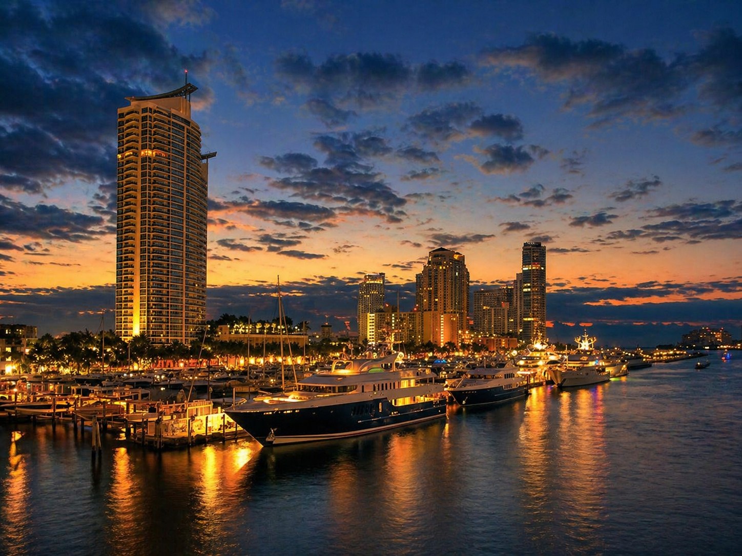 Miami cruise port terminal with luxury ship docked and downtown skyline reflected in Biscayne Bay during golden hour, tropical embarkation photography