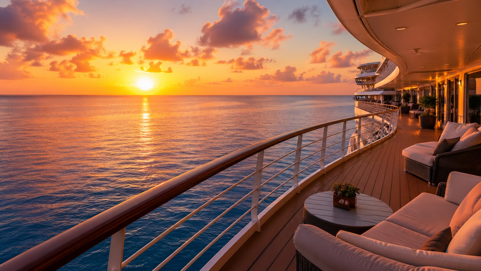 Open Caribbean Sea at sunset seen from luxury cruise ship deck with calm turquoise waters stretching to distant horizon, serene voyage photography