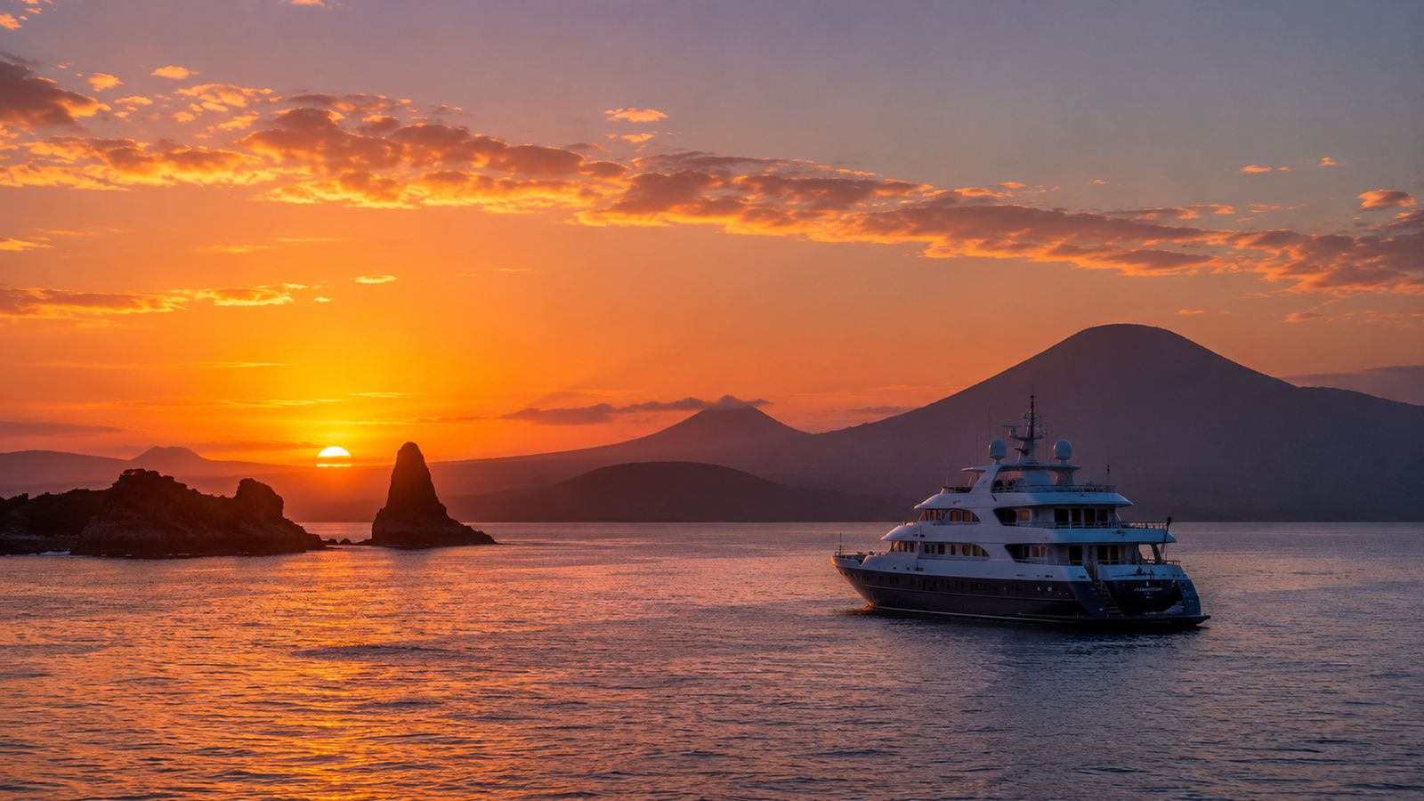Small expedition yacht anchored in calm Galápagos bay at sunset with volcanic silhouette and pelicans flying across warm orange sky, peaceful equatorial island departure photography