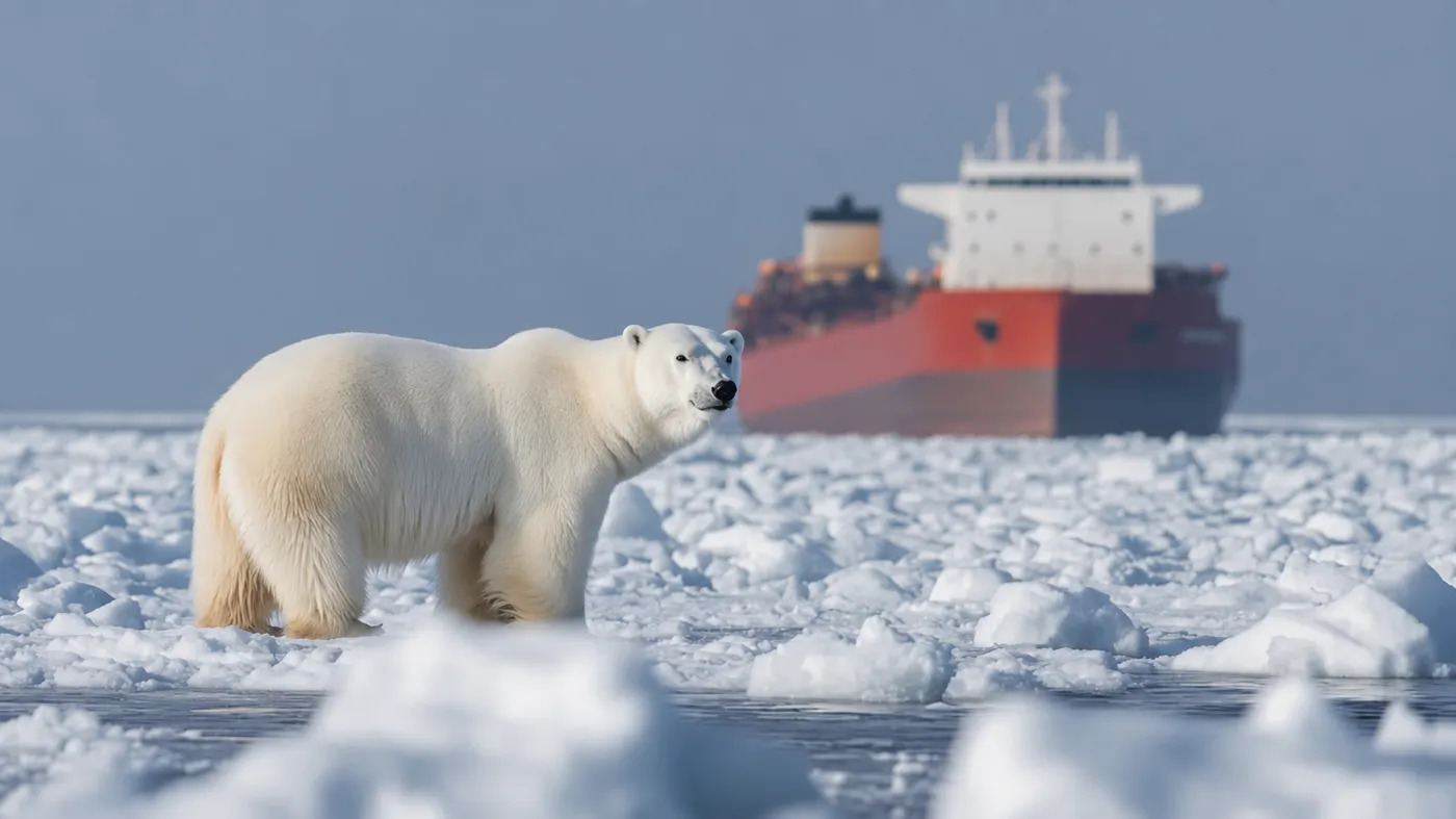 Expedition ship navigating along pack ice edge in Arctic Ocean north of Svalbard with polar bear visible on distant ice floe and vast white frozen horizon, high Arctic expedition photography