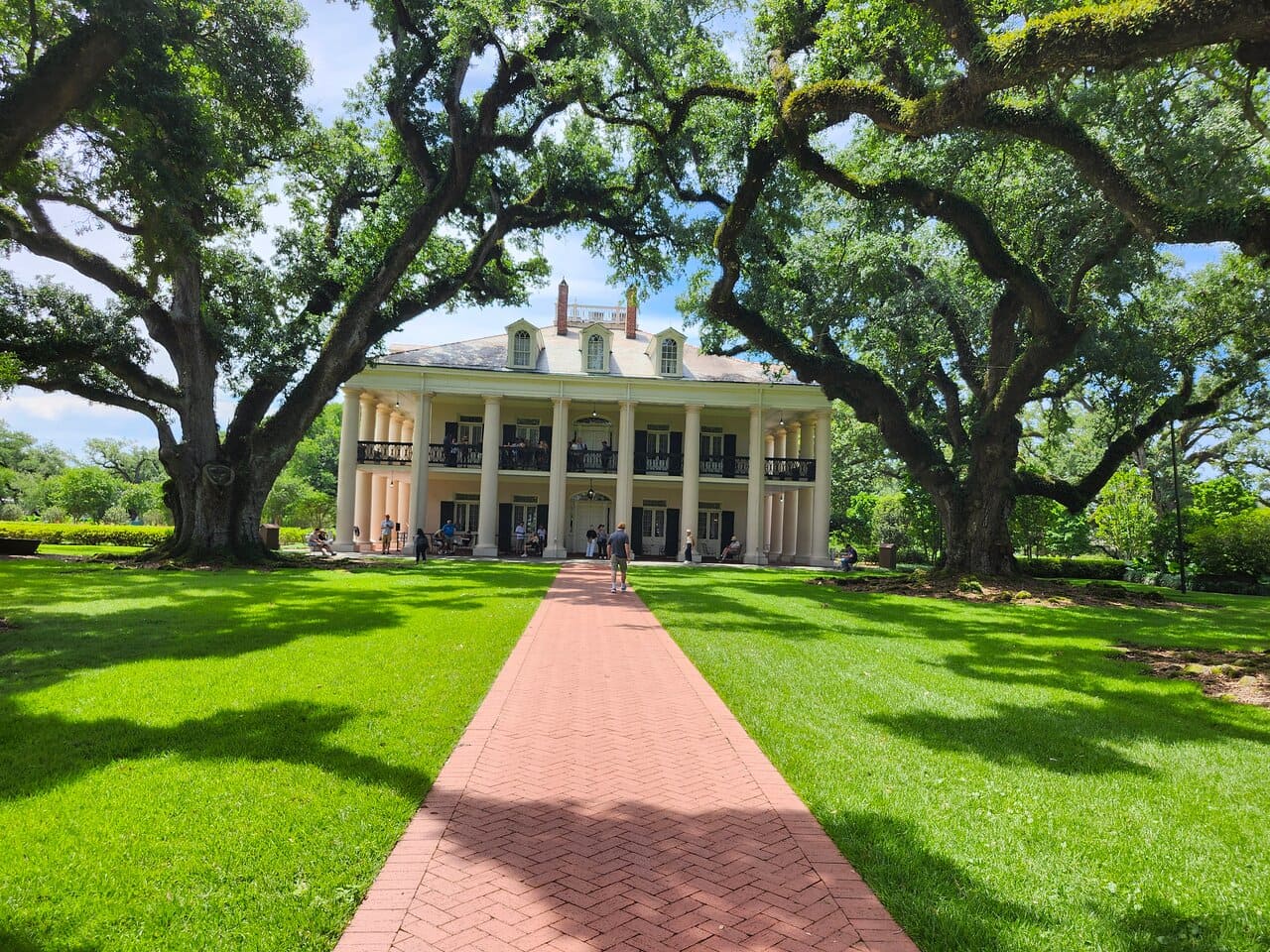 Oak Alley Plantation double row of ancient live oak trees forming canopy tunnel leading to antebellum columned mansion, warm morning light filtering through branches, American South historical photography