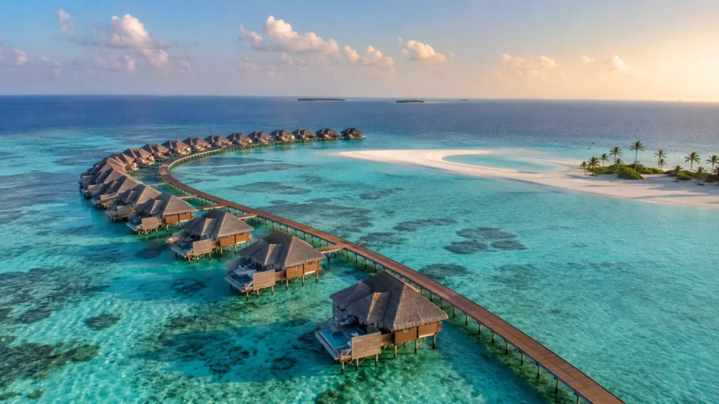 Aerial view of Maldives overwater villas stretching across turquoise lagoon with white sandbar and deep blue ocean beyond, go