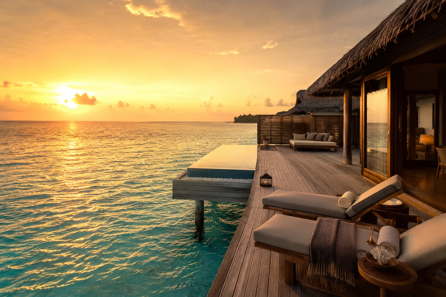 Overwater villa deck extending over calm turquoise Maldives lagoon at sunset with golden light reflections, luxury travel editorial