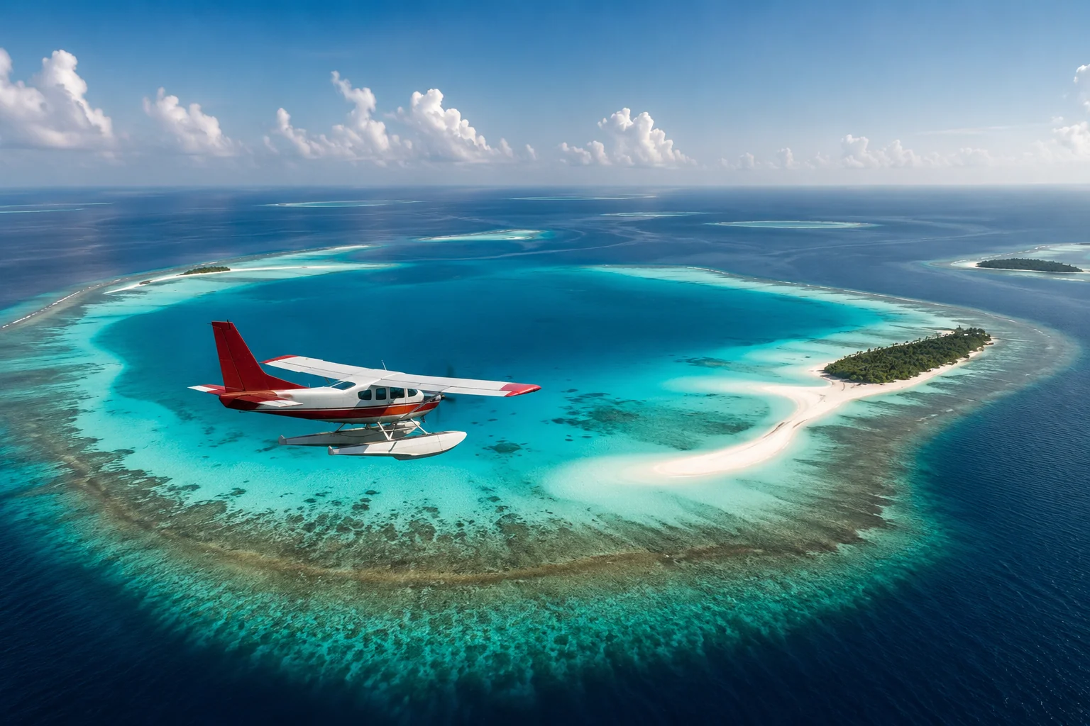 Seaplane flying low over turquoise Maldives atoll with ring-shaped reef and white sandbar visible from above, aerial travel photography