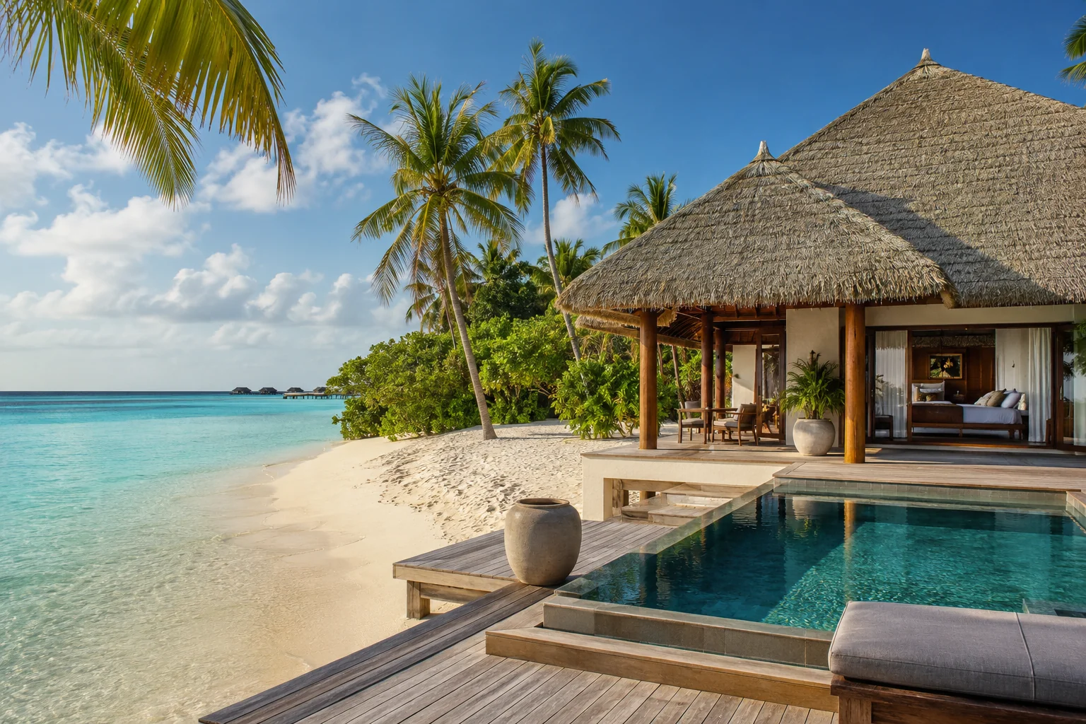 Private beach villa with thatched roof beside white sand and turquoise lagoon in Maldives, warm afternoon light, luxury resort photography
