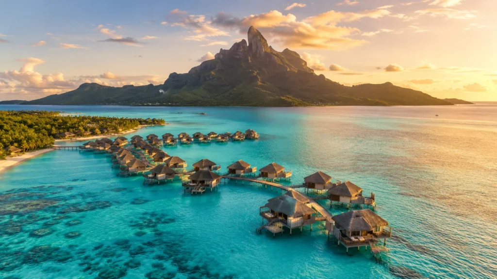 Aerial view of Bora Bora overwater bungalows stretching into turquoise lagoon with Mount Otemanu volcanic peak in background,