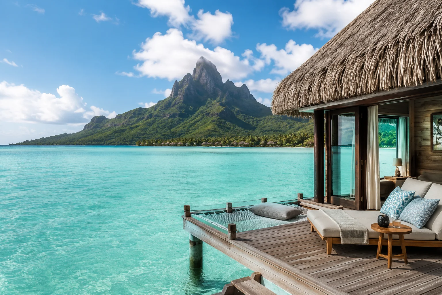 Overwater bungalow with thatched roof and private deck above clear turquoise Bora Bora lagoon, Mount Otemanu in background, luxury resort photography