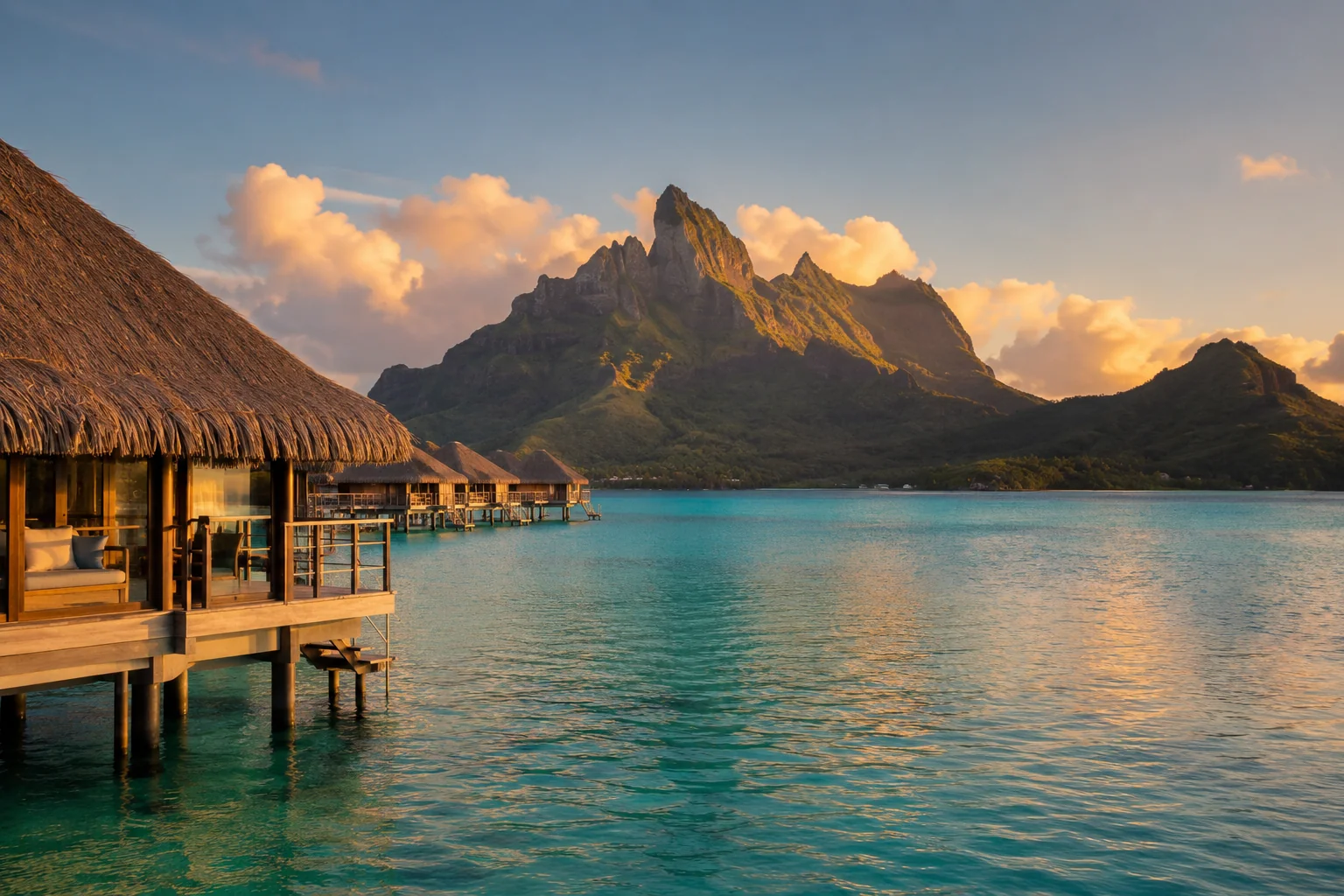 Traditional Polynesian boat crossing calm Bora Bora lagoon toward a private motu with palm trees and overwater villas, morning light, travel editorial