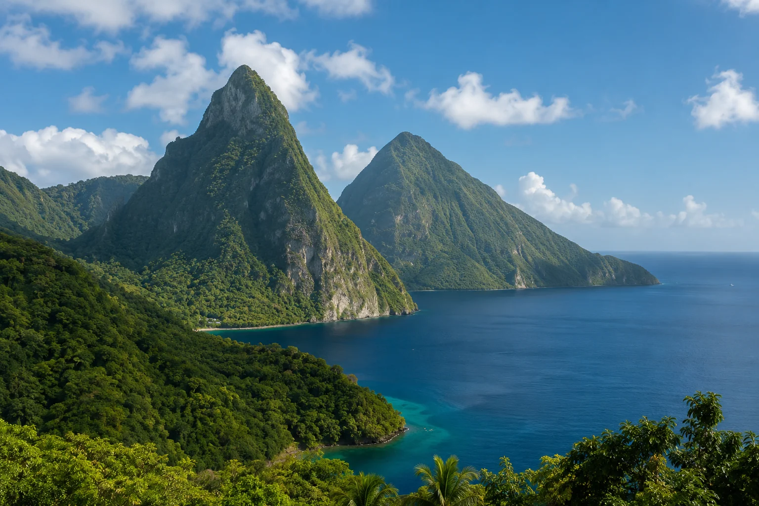Aerial view of Bora Bora ring-shaped lagoon with deep blue ocean beyond and green motu islets dotted with resorts, bright midday light, travel aerial photography