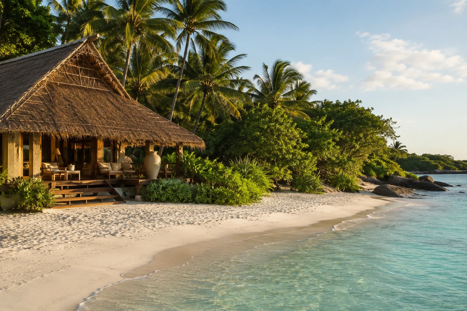 Aerial view of Mamanuca Islands Fiji with turquoise lagoon shallow reefs and green island dotted with palm trees, bright tropical light, travel aerial photography