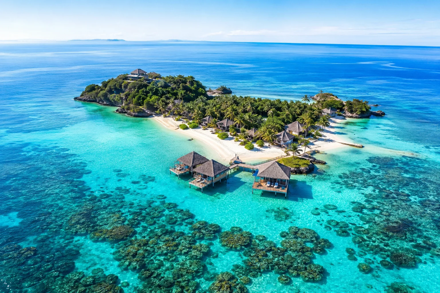 Traditional Fijian bure with thatched roof on white sand beach beside turquoise water with tropical vegetation behind, warm golden light, luxury resort photography