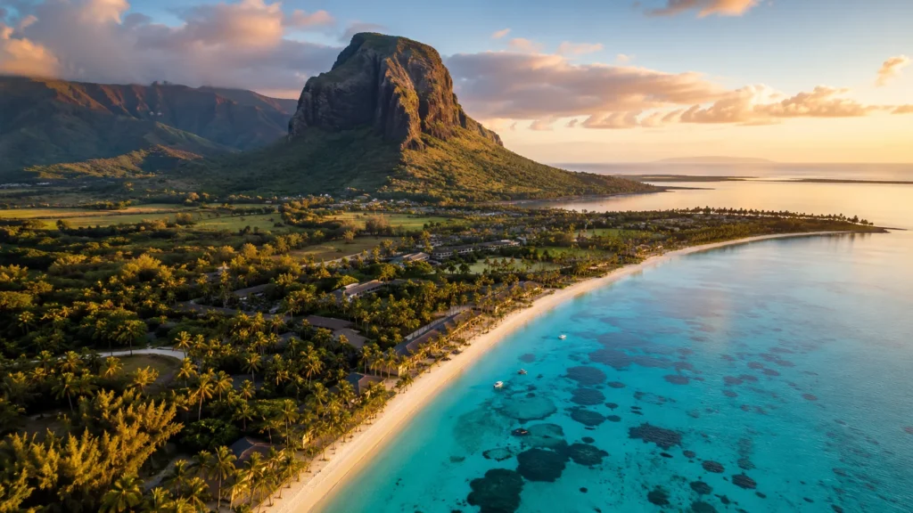 Aerial view of Mauritius coastline with turquoise lagoon white sand beach and green volcanic mountains in background, golden