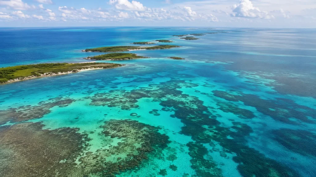 Aerial view of Belize Barrier Reef with turquoise Caribbean water coral formations and green cayes in the distance, bright tr
