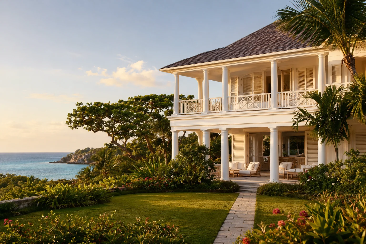 Aerial view of Mustique private island with green hillsides white sand beaches and turquoise Caribbean water, Grenadines, bright tropical light, luxury travel photography