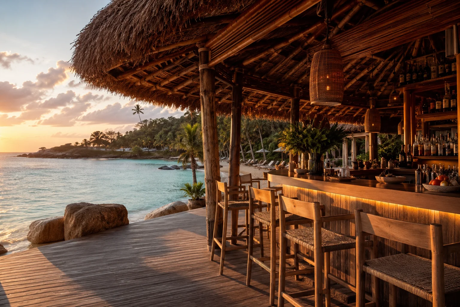 Cotton House Mustique exterior with white colonial architecture tropical gardens and turquoise Caribbean sea behind, warm golden light, luxury resort photography