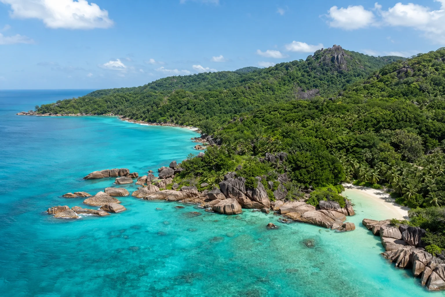 Granite boulder beach on Seychelles island with turquoise Indian Ocean water and lush green jungle behind, bright clear sky, tropical landscape travel photography