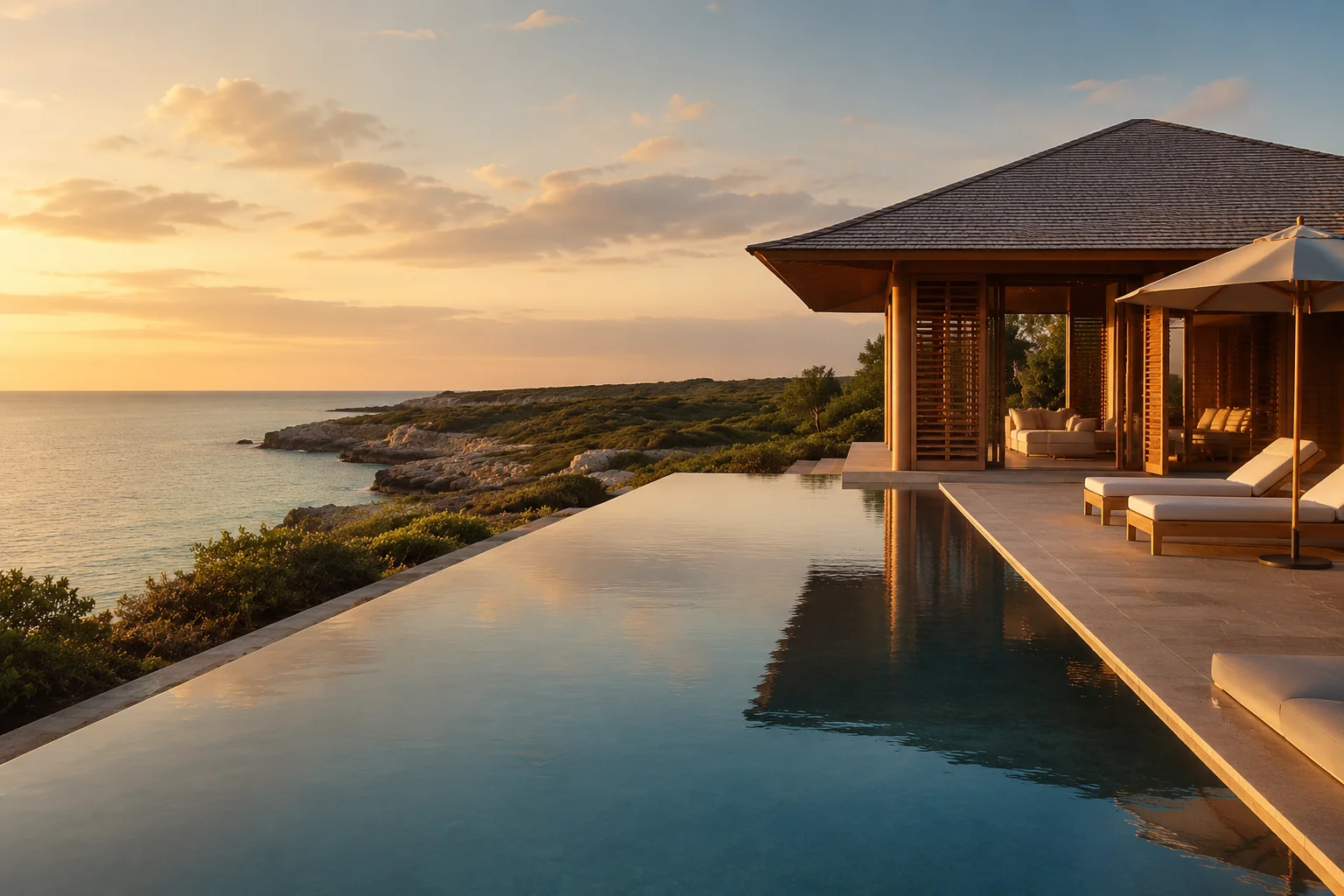 Luxury private island resort villa on stilts above turquoise Seychelles water with granite boulders and tropical vegetation, golden hour light, exclusive travel photography