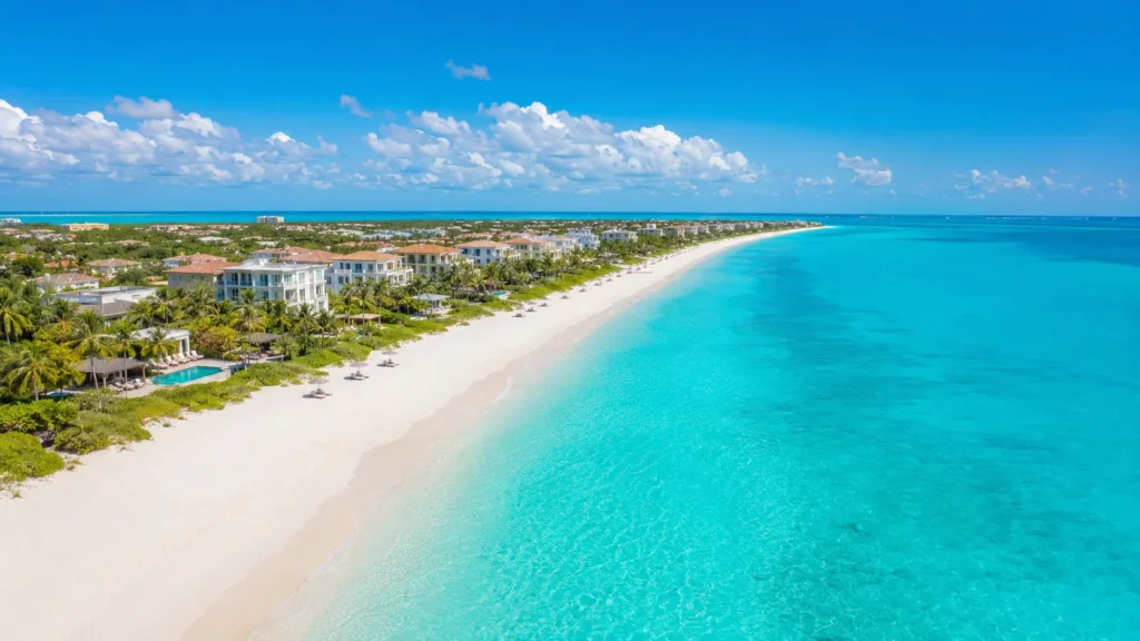 Aerial view of Grace Bay Beach Turks and Caicos with turquoise water white sand and low-rise resorts along the shore, bright