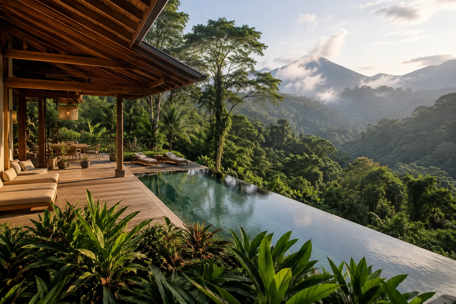 Arenal Volcano Costa Rica with green rainforest slopes and misty cloud wrapping the summit, warm morning light, nature adventure travel photography