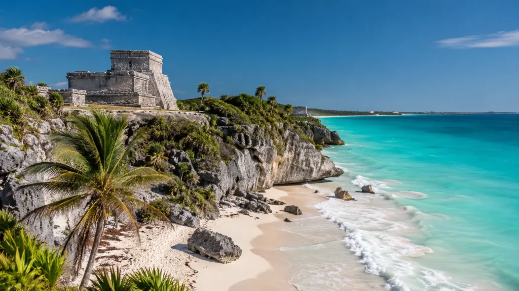 Tulum ruins Maya clifftop temple overlooking turquoise Caribbean Sea with white sand beach and palm trees, bright sky, iconic