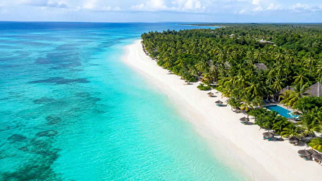 Aerial view of Zanzibar coastline with turquoise Indian Ocean water white sand beach and green palm groves, bright tropical l