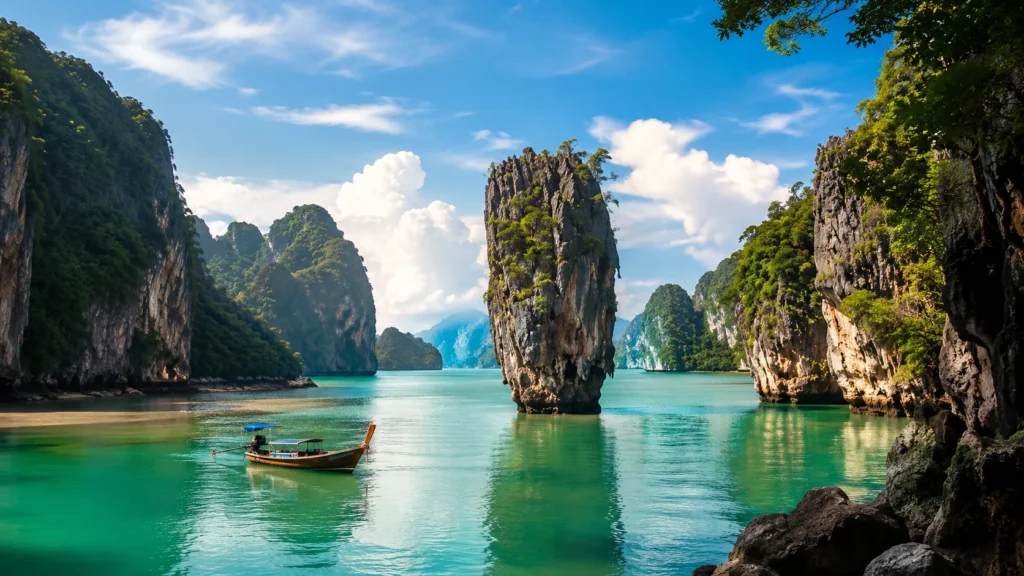 Phang Nga Bay limestone karst islands rising from emerald green Andaman water with longtail boat and tropical sky, dramatic l