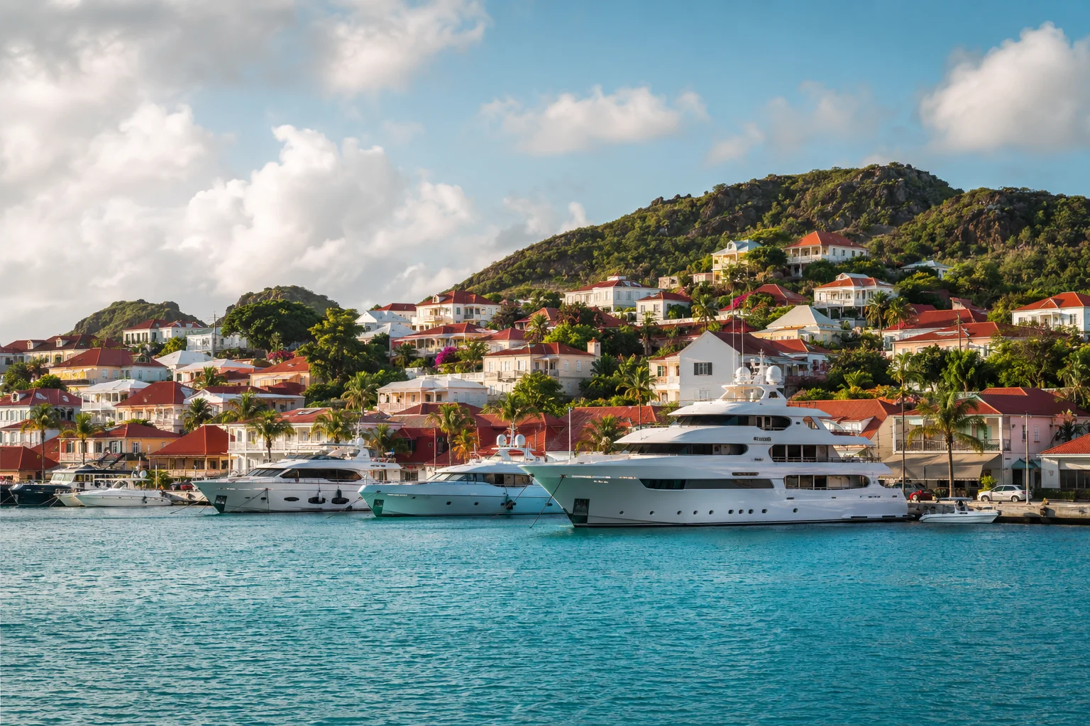 Half Moon Bay Antigua with wide crescent of white sand turquoise Caribbean water and green headlands, bright tropical light, luxury beach travel photography
