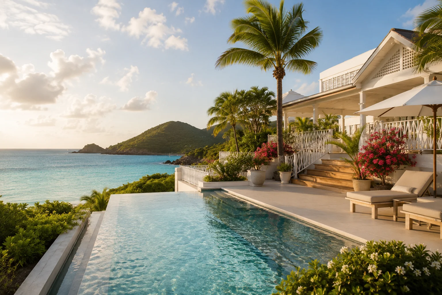 Jumby Bay Island resort Antigua with private beach white sand turquoise water and tropical vegetation, warm sunset light, exclusive luxury Caribbean resort photography