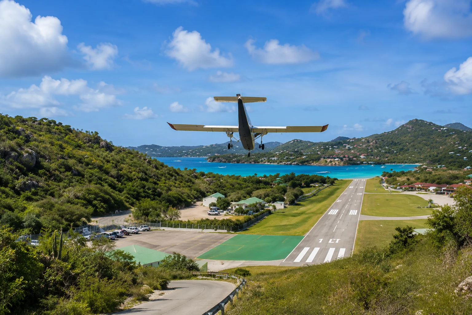 Barbuda pink sand beach with pristine empty coastline turquoise water and frigate bird colony island in distance, bright Caribbean light, remote island travel photography