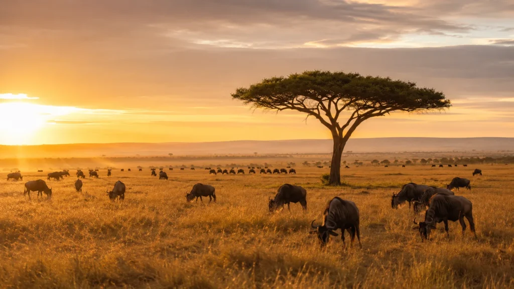 Best time for a Kenya safari — lone acacia tree on the Masai Mara plains at sunrise with wildebeest herds and golden light, i