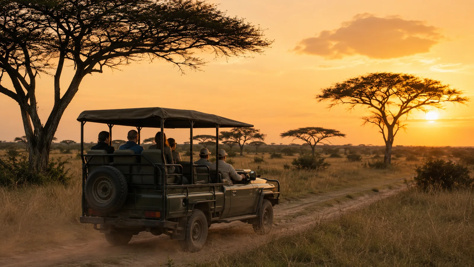 Open-sided safari vehicle on an off-road game drive at dusk in a private Masai Mara conservancy with acacia trees and warm light, luxury safari travel photography