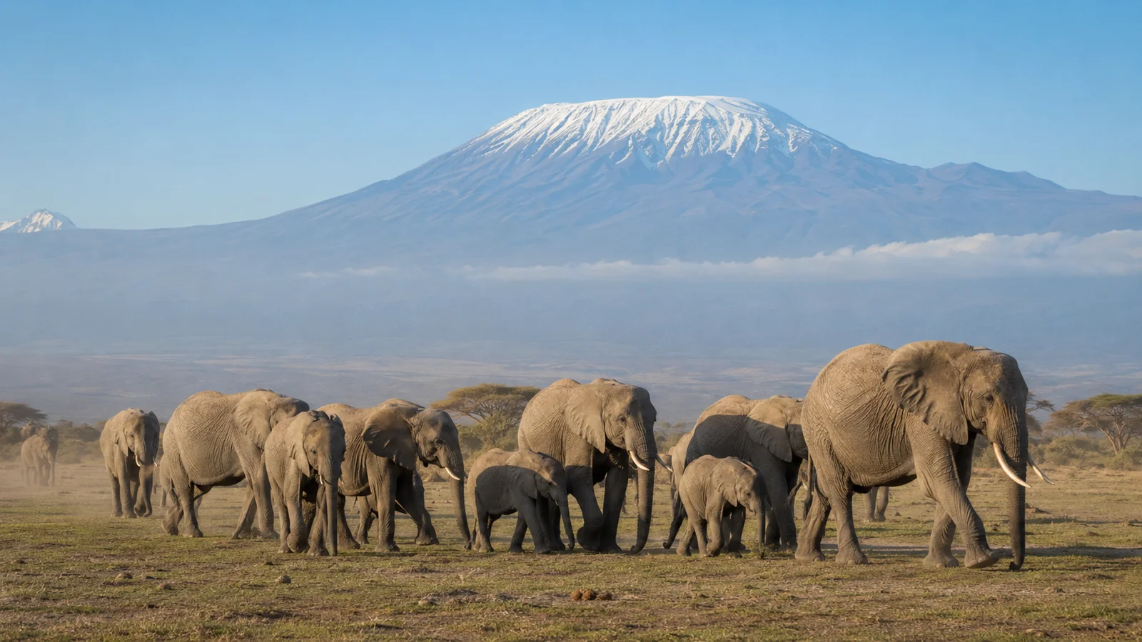 Large elephant herd walking across Amboseli plains in Kenya with snow-capped Mount Kilimanjaro in the background, clear morning light, iconic safari photography