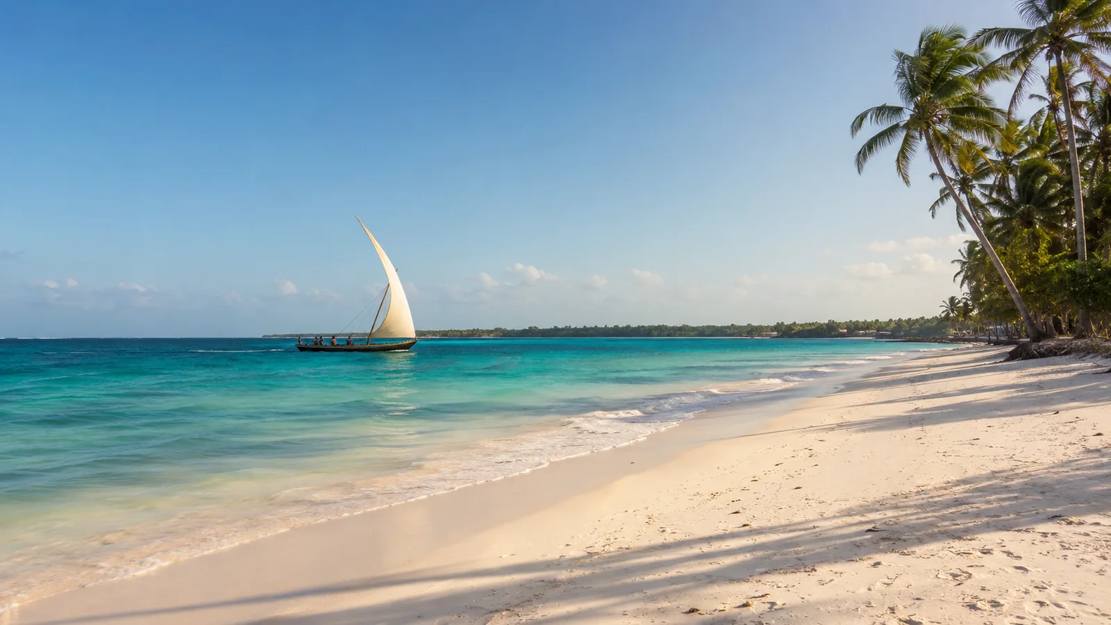 White sand beach with turquoise Indian Ocean water and a traditional dhow sailboat on the Kenyan coast at Diani, warm tropical light, luxury beach travel photography