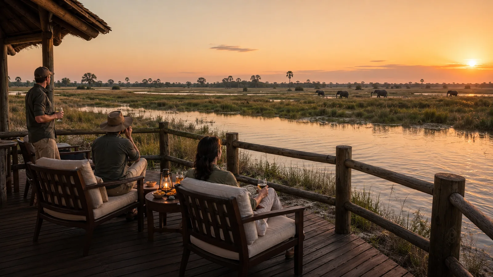 Guests on a private wooden safari deck overlooking an Okavango Delta floodplain at sunset with elephants in the distance, refined low-impact safari lodge photography