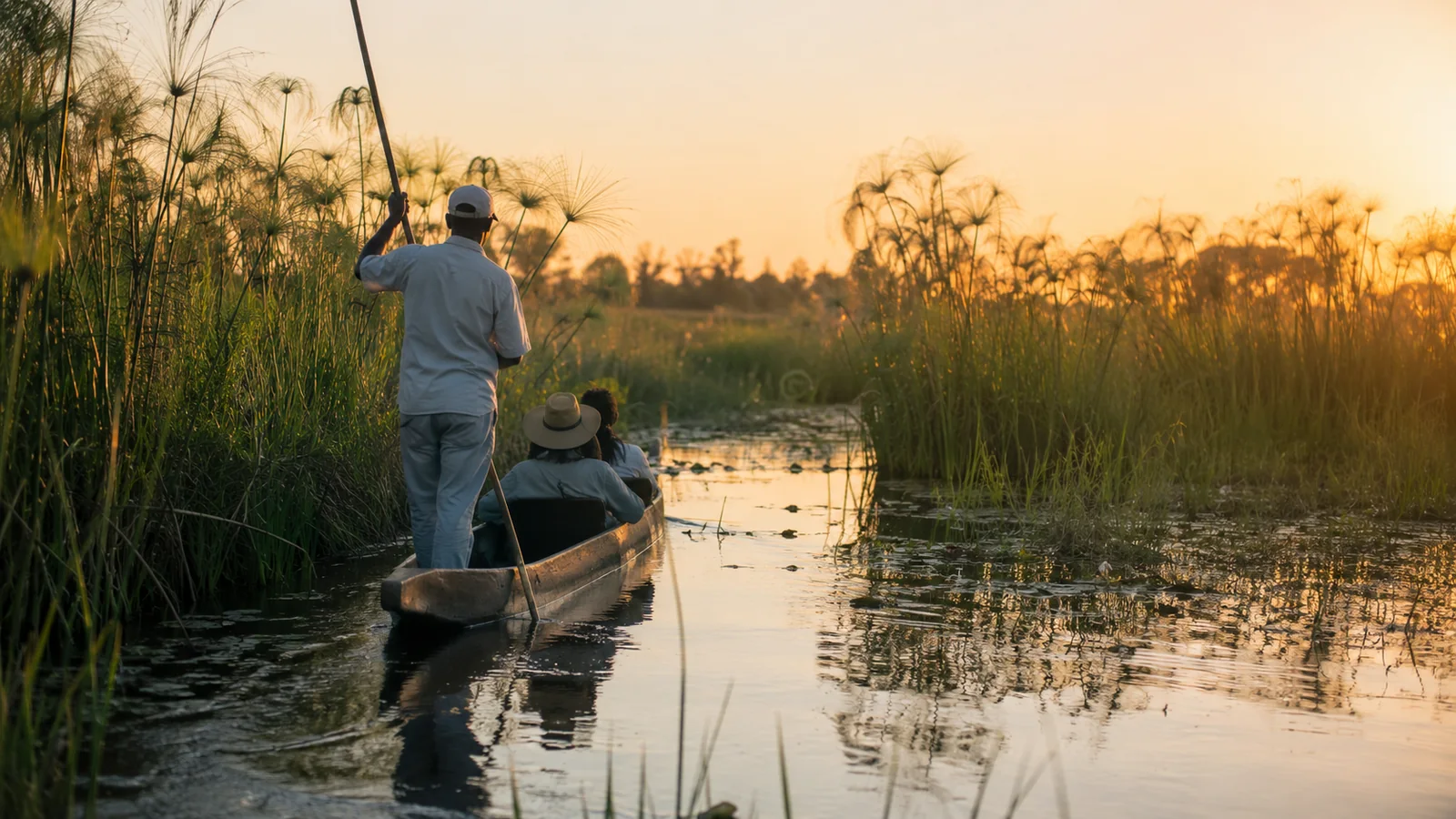 Traditional mokoro dugout canoe gliding through reed-lined water channels in the Okavango Delta at golden hour with a poler standing at the stern, serene safari photography
