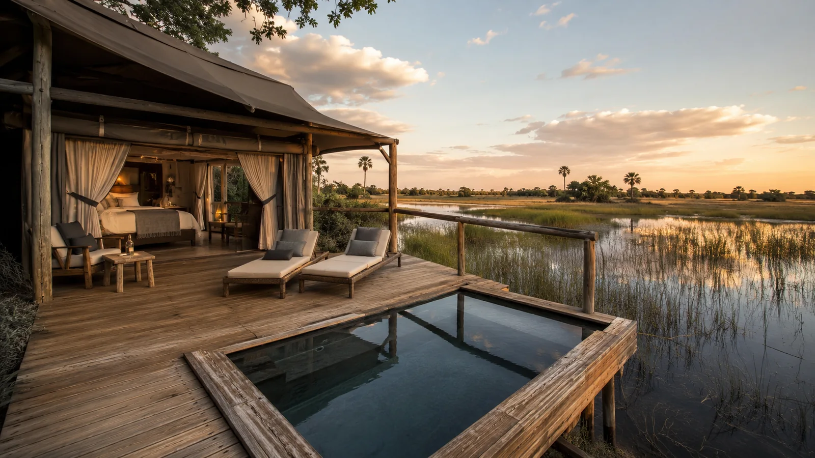 Luxury tented safari suite raised on a wooden platform in the Okavango Delta with canvas walls, a private plunge pool and floodplain views, refined safari lodge photography