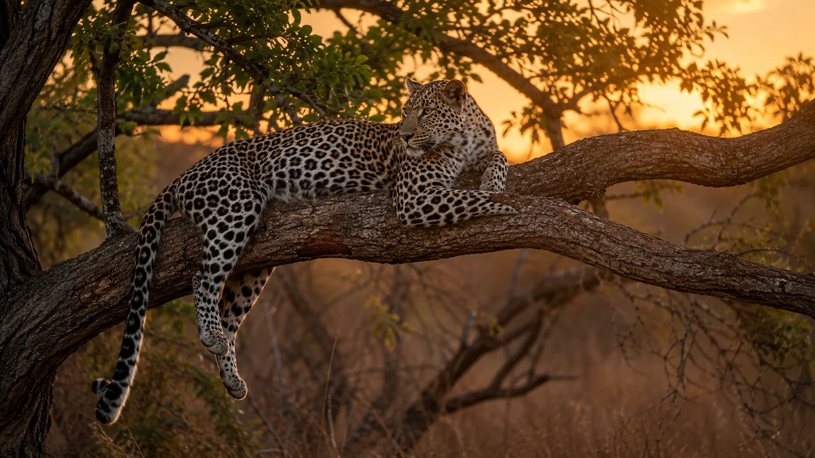 Leopard resting on a tree branch at dusk in the Sabi Sands reserve adjacent to Kruger in South Africa, warm golden light, luxury wildlife safari photography