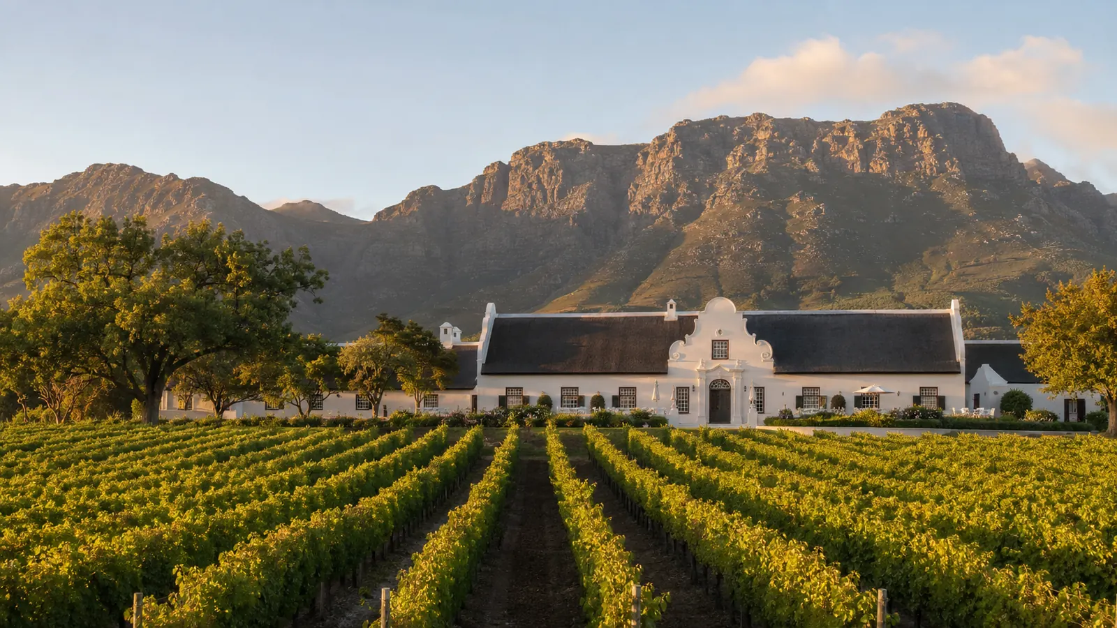 Vineyards of the Cape Winelands near Franschhoek South Africa with mountains behind and a Cape Dutch estate in golden afternoon light, refined travel photography